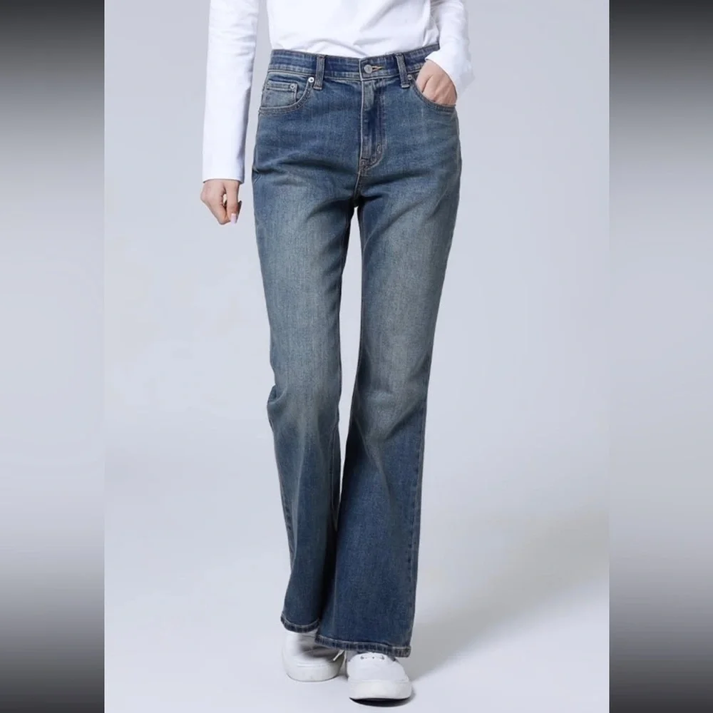 SPAO Y2K Bootleg Faded Blue Wide Leg Flare Jeans Korean Fashion - Picture 5 of 13